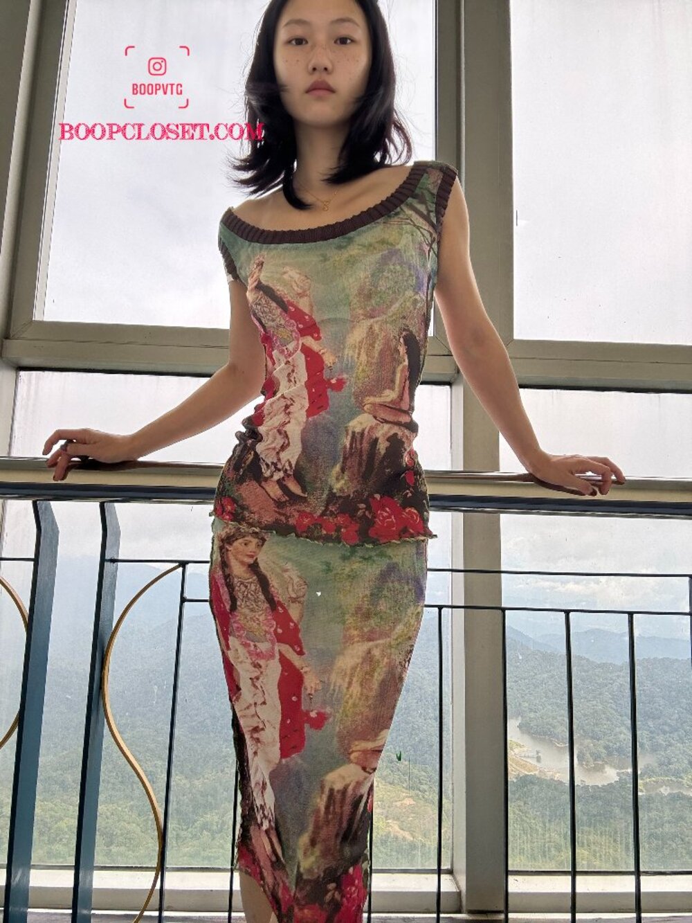 jean paul gaultier Indian painting print green dress off shoulder